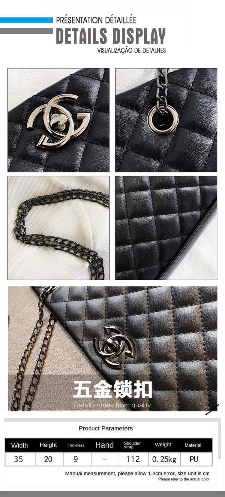 CHG-Ladies bags Tote bags Metal chain women's bags Lady single shoulder bags &amp; Zipper handbag (large zipper bag) (Black / Silver)