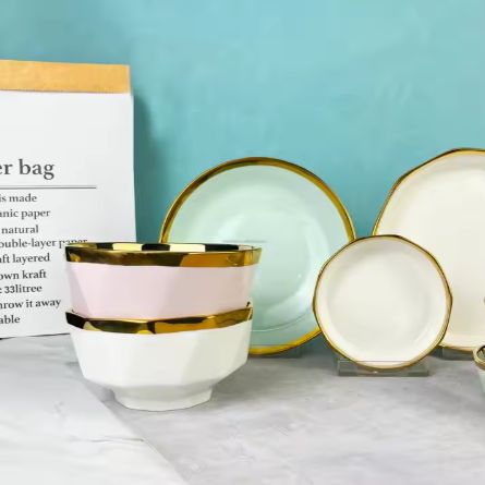 Luxury Embossed Dot White Wedding Hotel Serving Ceramic Luxury Soup Rice Bowl With Gold Rim