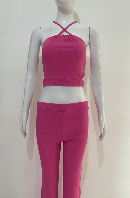 Suspenders pleated slim fit two-piece set Spice girl pleated suspenders, slacks set solid color knitted split top + bootcut slim turned-up trousers