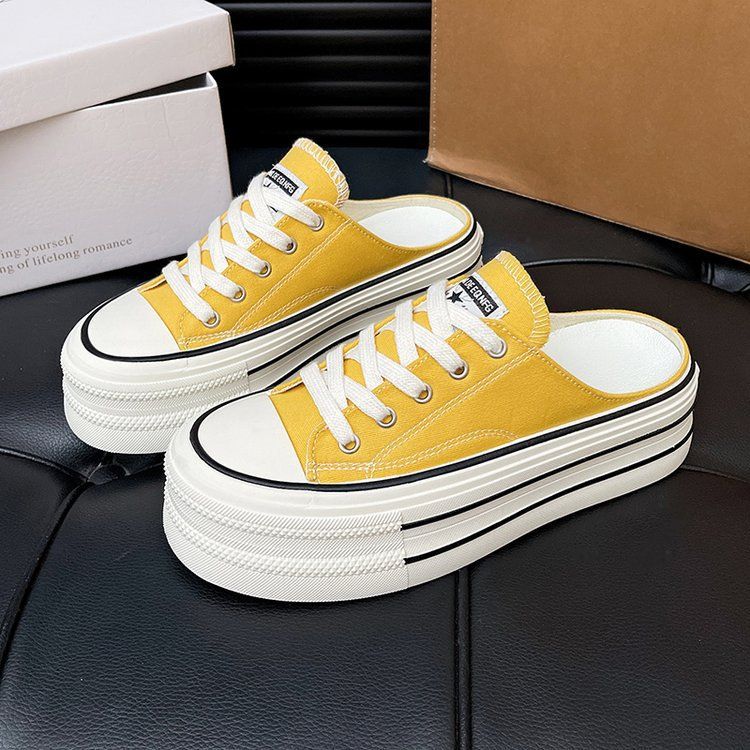 Candy-colored canvas shoes for women 2025 summer new style a single shoe with a full head preppy style thick sole simple half slipper