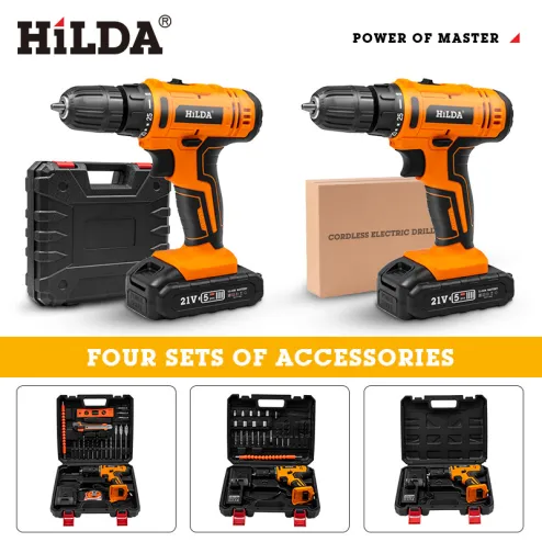 HILDA Electric Drill Cordless Screwdriver Lithium Battery Two