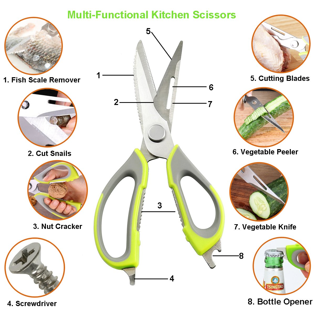 Multifunctional Kitchen Scissors, Multipurpose Stainless Steel Kitchen Shears Heavy Duty Culinary Scissors 8 in 1 Household Scissors with Magnetic Holder for Chicken, Fish, Seafood, BBQ