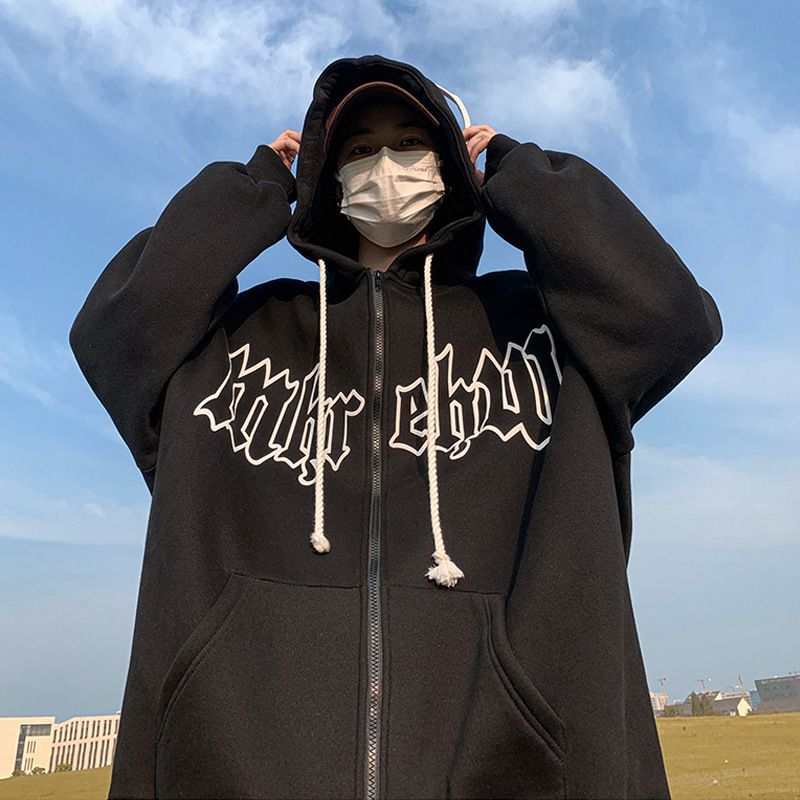 01 Men's Spring and Autumn Letter Print Cardigan Top Casual Loose Hooded Coat