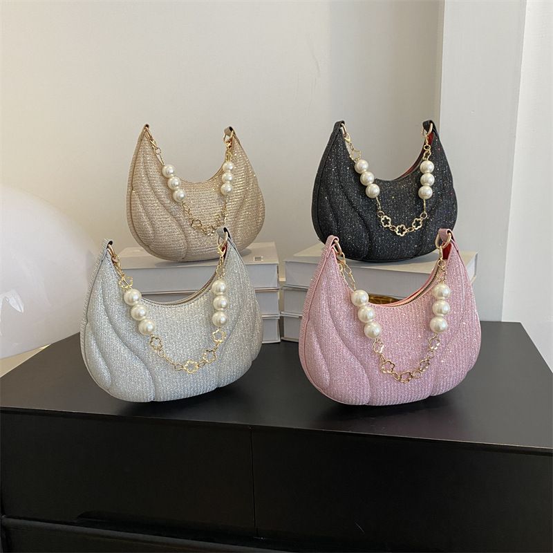 Women's Autumn New Fashion Pearl Chain Shoulder Bag Zipper Indentation Shoulder Bag