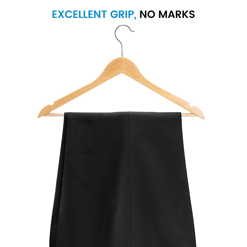 High-Grade Wooden Suit Hangers - Smooth Finish Solid Wood Coat Hanger with Non Slip Pants Bar, 360 Swivel Hook and Precisely Cut Notches for Camisole, Jacket, Pant, Dress Clothes Hanger