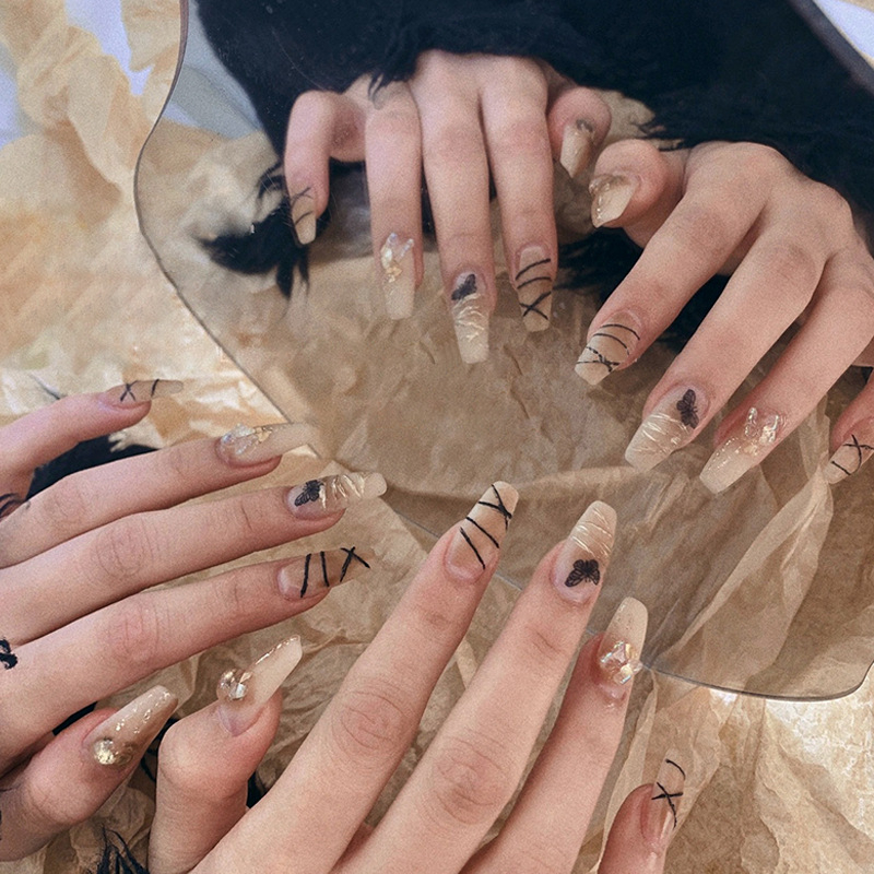 JP1534 24 Pcs Matte Press on Nails, Medium Coffin Line & Butterfly Prints Fake Nails, Acrylics Full Cover False Nails for Women and Girls