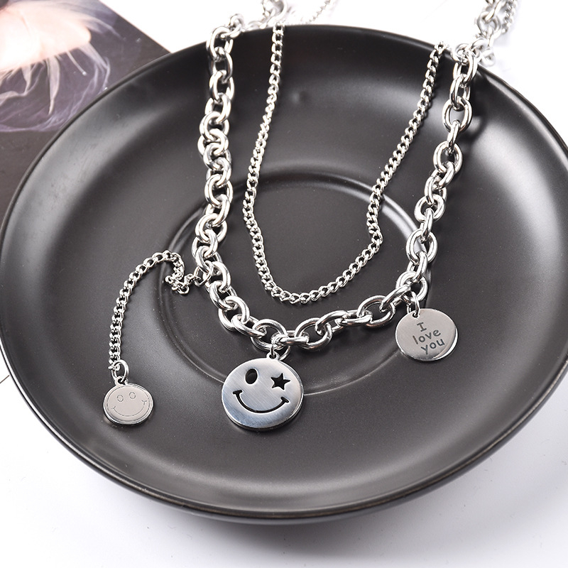 X172 Ins Personality Double Layer Overlap Hip Hop Smile Women Stainless Steel Necklaces All-match Sweater Jewelry