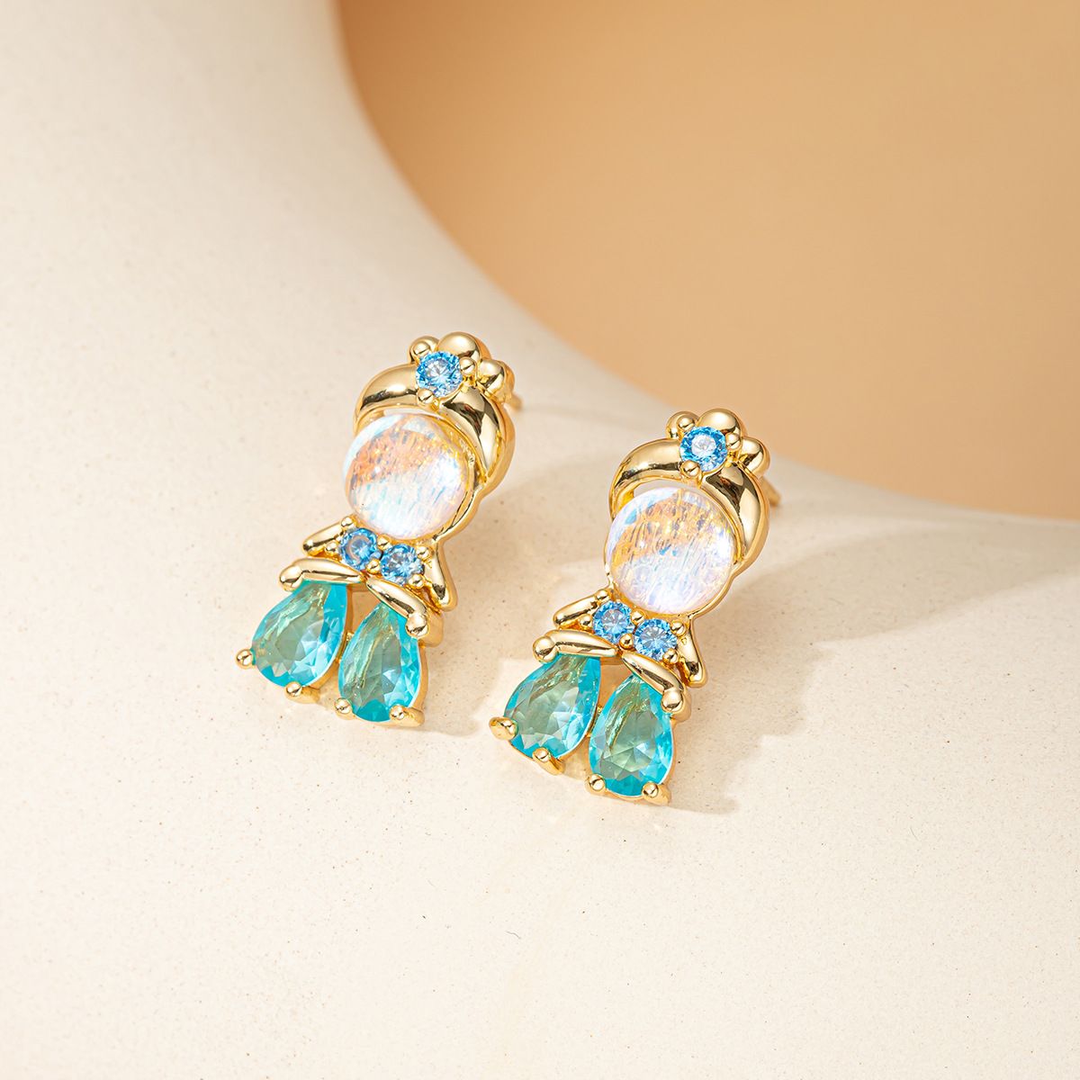 Cute Cartoon Princess Shape Stud Earrings Gold Plated Copper Base Inlaid Moonstone & Blue Teardrop Zircon Dangle Earrings Sweet Girly Mermaid Glossy Crystal Drop Ear Jewelry Elegant Daily Wear Accessory Ideal Birthday Holiday Gift Earrings For Young Girls Women Party Dating Fashion Ear Ornament
