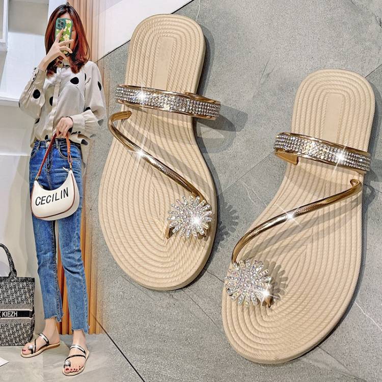 Sandals female shoes gold black silvery rose gold Europe and America Beach Sandals women's shoes large size 35 36 37 38 39 40 41 42 43 CRRSHOP women Rhinestone flat bottomed slippers 