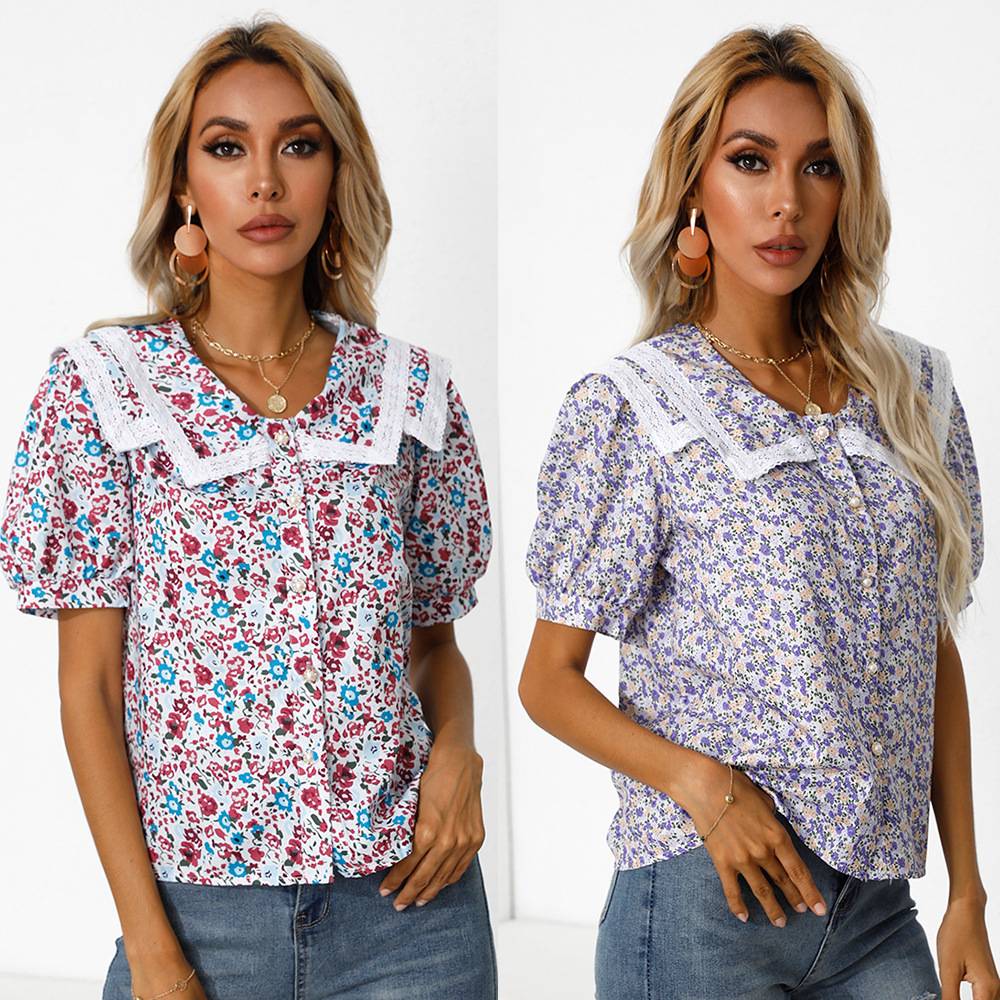 109600 Clothing Red Floral Print Lace Contrast Babydoll Shirt Elegant Blouse Female Tops V-Neck