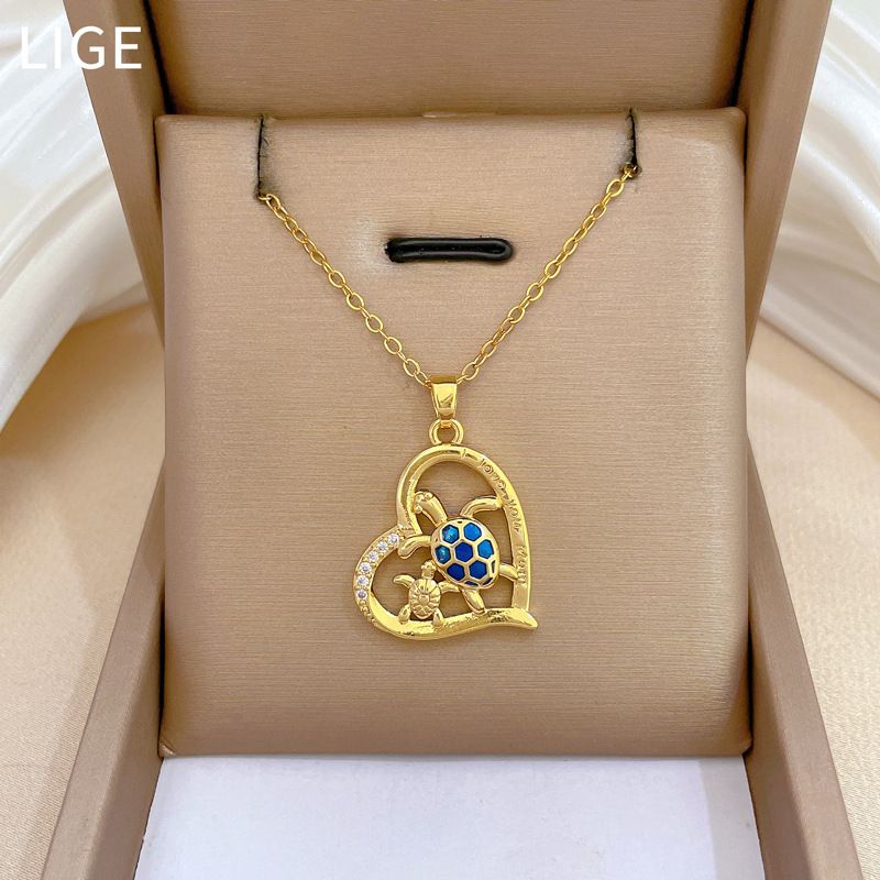 Elegant Heart‑Shaped Turtle Pendant Necklace for Women, Stainless Steel Adjustable Chain, Gold‑Plated Hollow Charm With Blue Enamel & Micro‑Paved Zircon, Luxury Animal‑Theme Clavicle Chain, Delicate Fashion Jewelry Gift for Daily Dating Party Banquet Wear