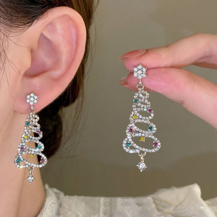 272 Women's Colorful Tassel Christmas Tree Stud Earrings Rhinestone Cut-Out Long Earrings