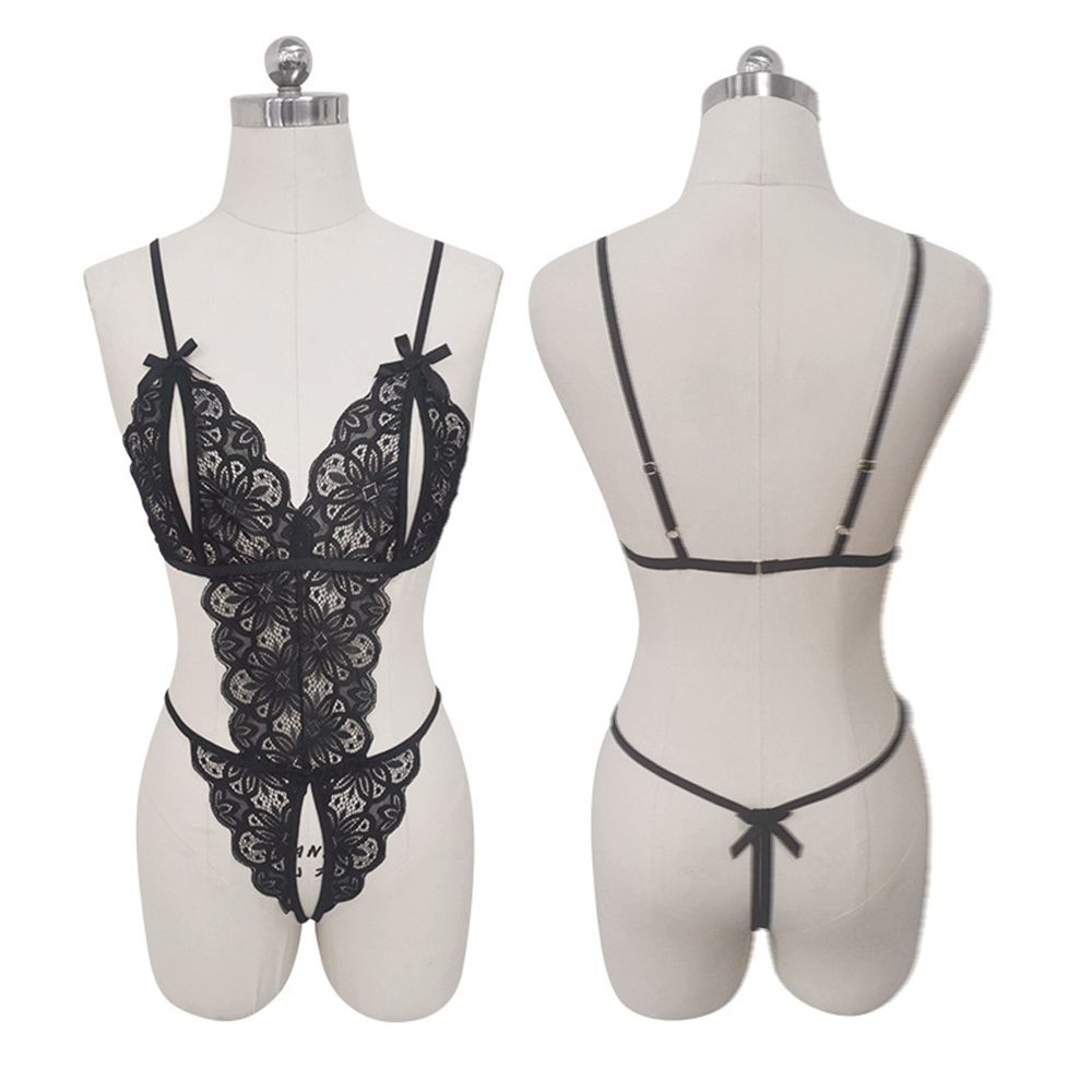 Sexy lingerie with open crotch and lace jumpsuit, bed teasing pajama set