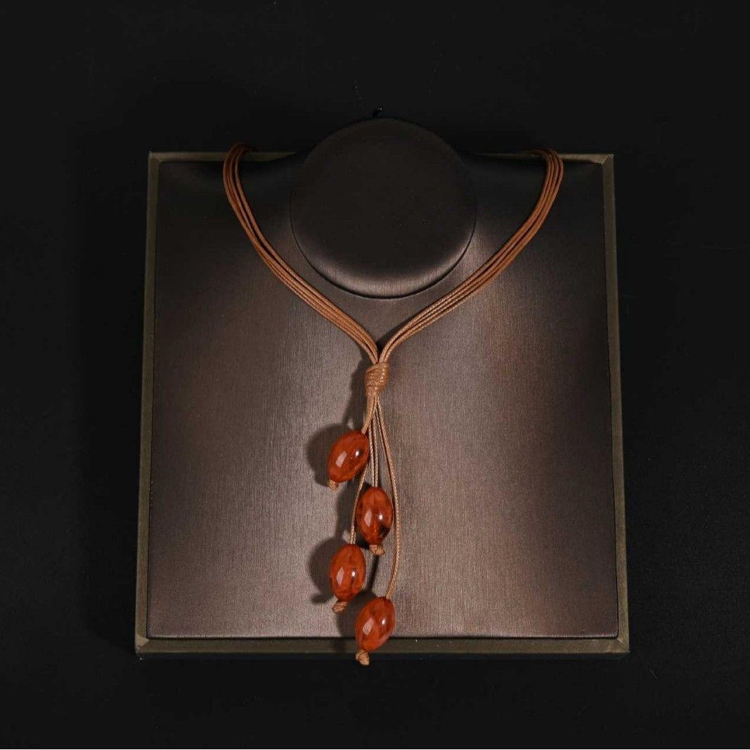 Brown Braided Cord Necklace with Red Acrylic Bead Pendant, Adjustable Lariat-Style Choker for Women, Casual Bohemian Jewelry
