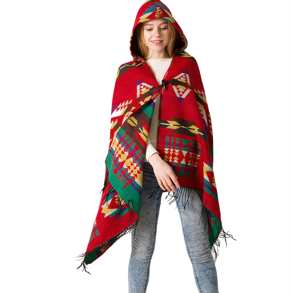 women's hooded cowl buckle cape warm and comfortable bohemian ethnic style hooded shawl