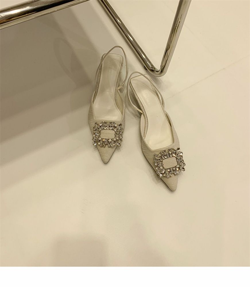French style low heel pointed head square buckle rhinelene sandal female bag head back empty elastic belt thin heel sandal female
