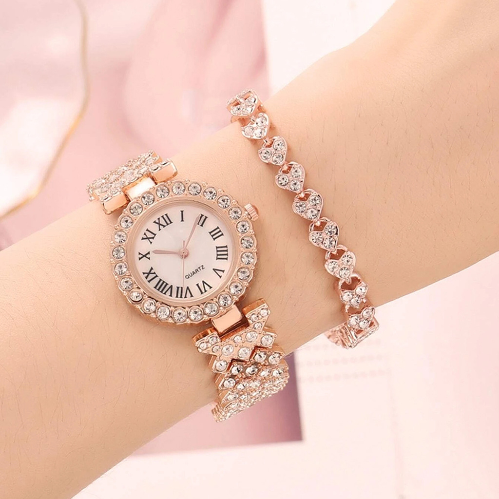 women's diamond watch and bracelet set fashion girls watch set steel strap