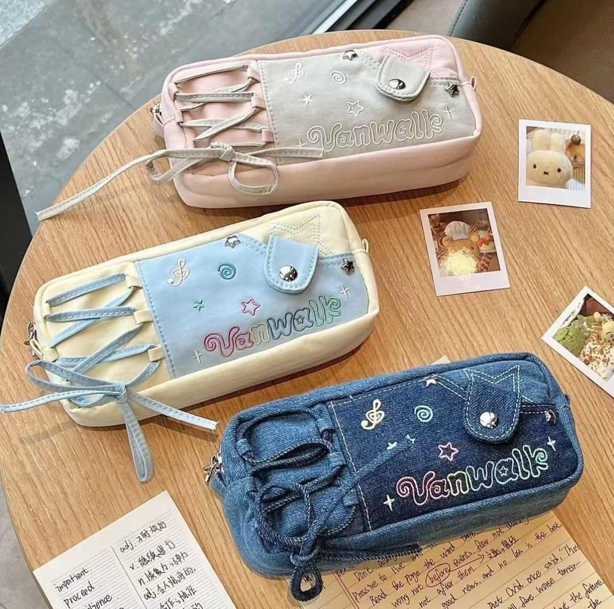 Vanwalk Star Drawstring Pencil Bag, Large Capacity Color Block Stationery Bag with Musical Note Embroidery for Students
