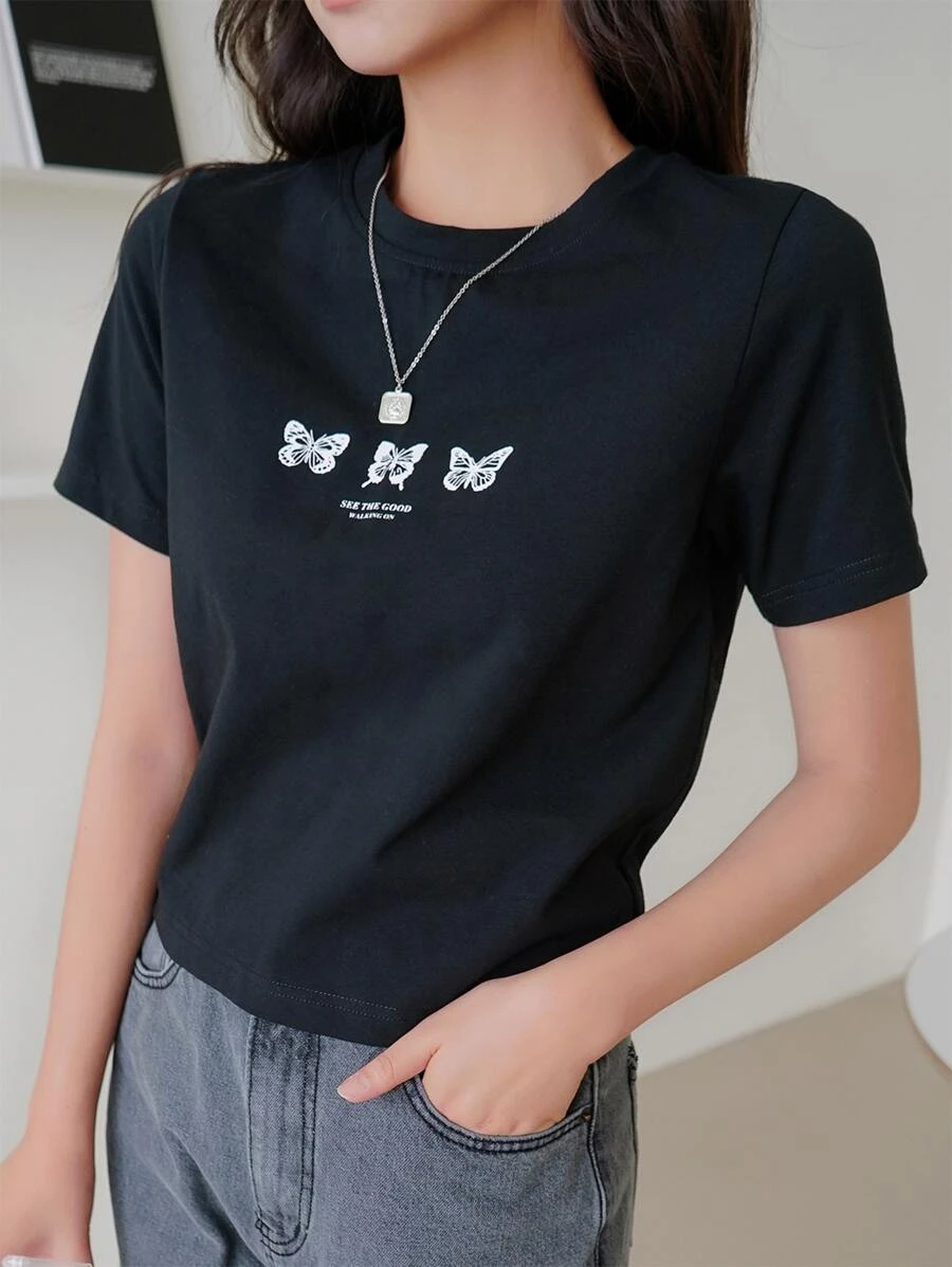 DX038# Women Butterfly And Slogan Graphic Tee T-Shirt