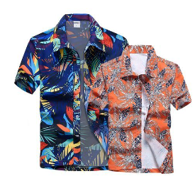 2PCS Mens Beach Floral Short Sleeve Shirt(BLUE/ORANGE)