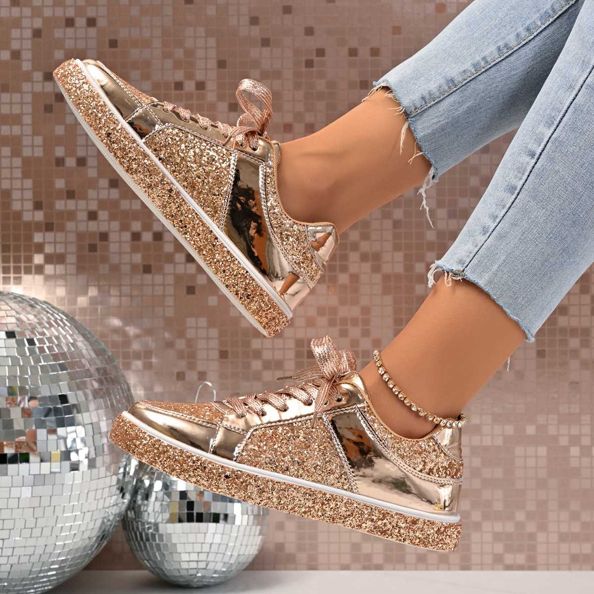 2025 Autumn New Style Sequined Lace-Up Platform Low-Top Shoes Women's Plus Size Fashion Casual Sneakers