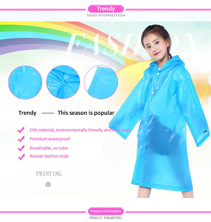 EVA Reusable Raincoat Rain Ponchos with Hood and Elastic Cuff Sleeves for Kids, Size 113 cm x 55 cm