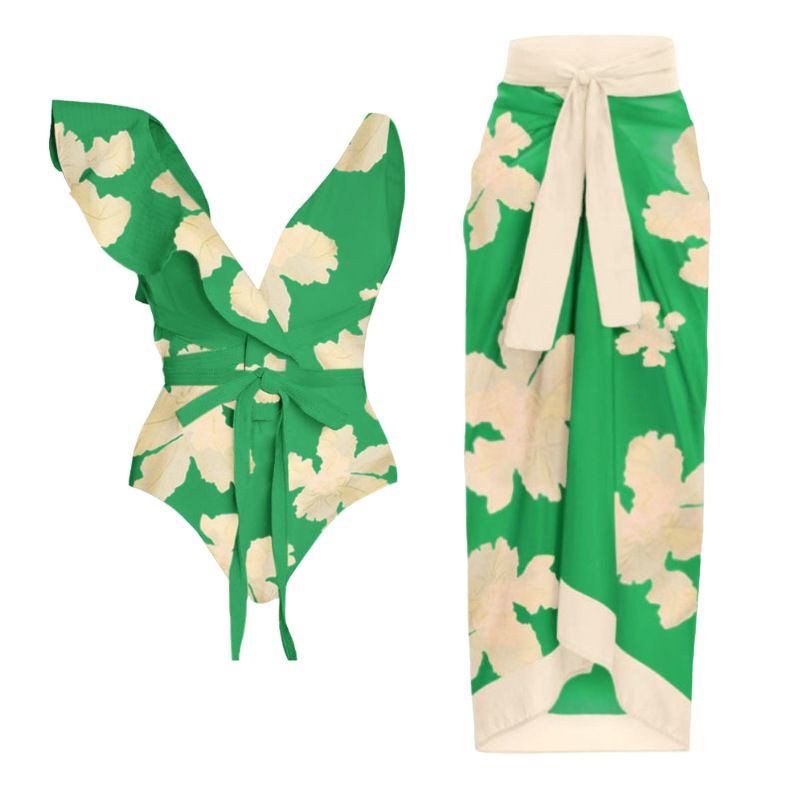 2328/8801 Women One-Piece Floral Print Swimsuit with Cover up Wrap Skirt Sarong Bathing Suit Beach Outfit Summer