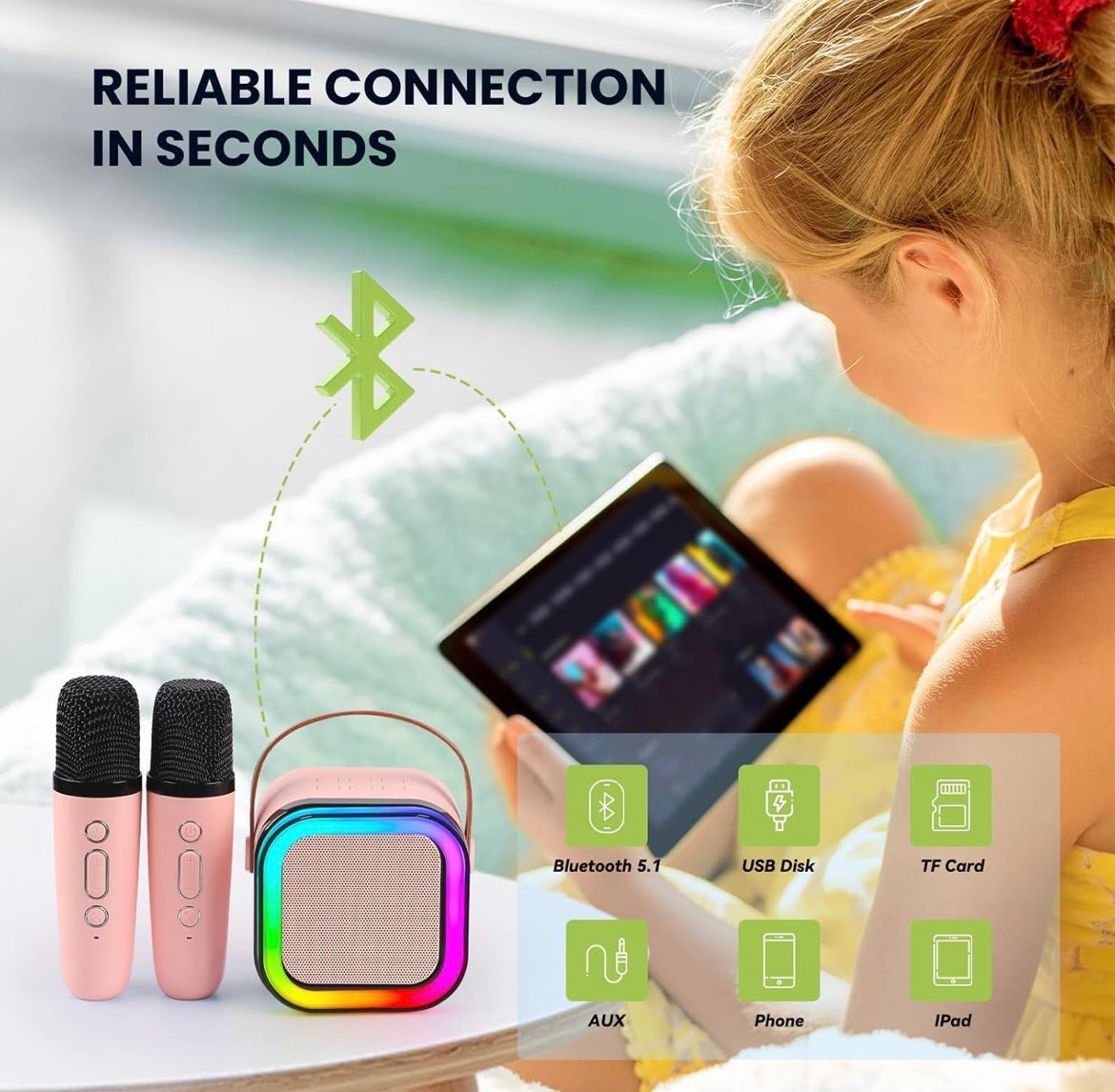 Mini Karaoke Machine, Portable Bluetooth Speaker with 2 Wireless Microphones, Outdoor Live Home K-song Bluetooth Audio with Microphone, Christmas and Birthday Gifts Suitable for Girls and boys