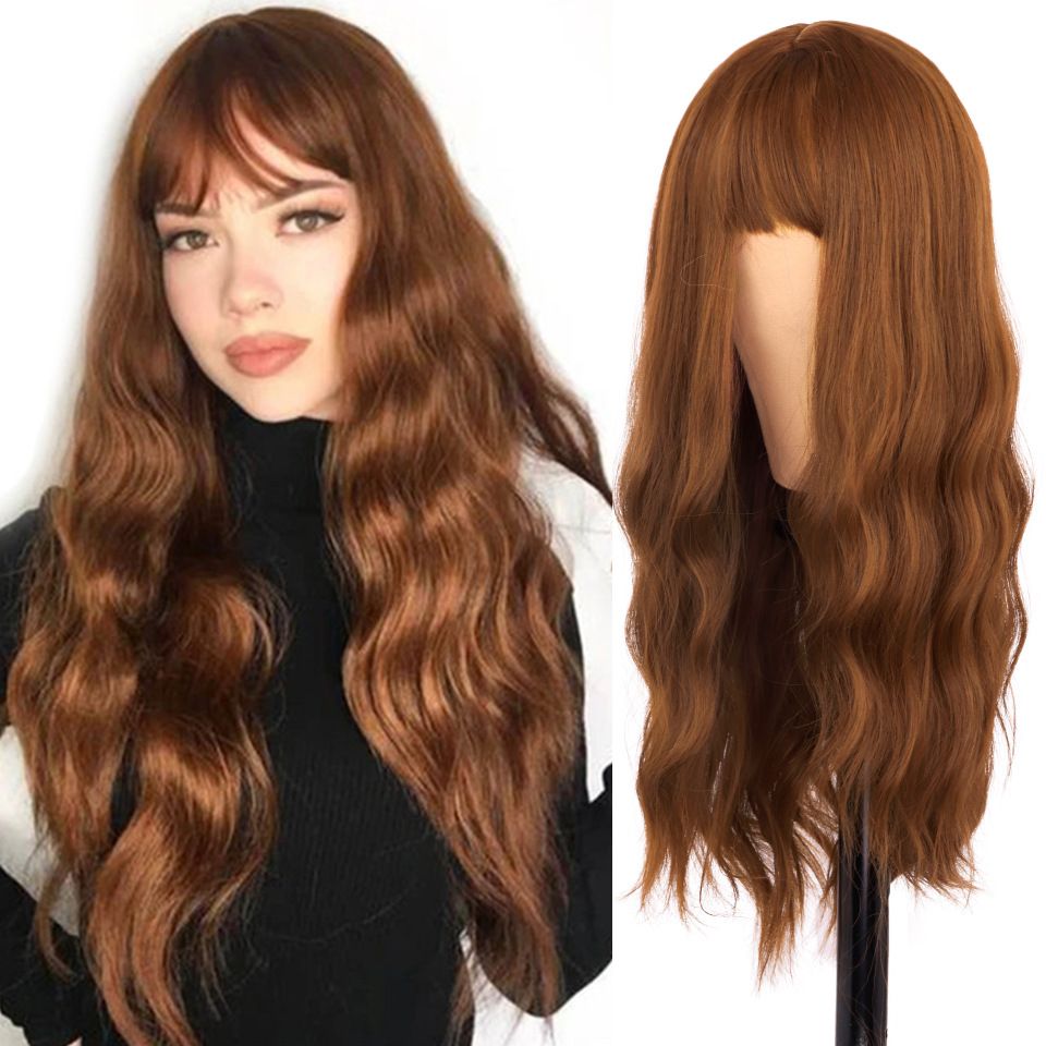 2025 New Women's Big Wave High-Temperature Fiber Wig, Air Bangs Realistic Hair Strand, Mechanically Made Long Hair Full Wig Cap, Cross-Border Export Wig
