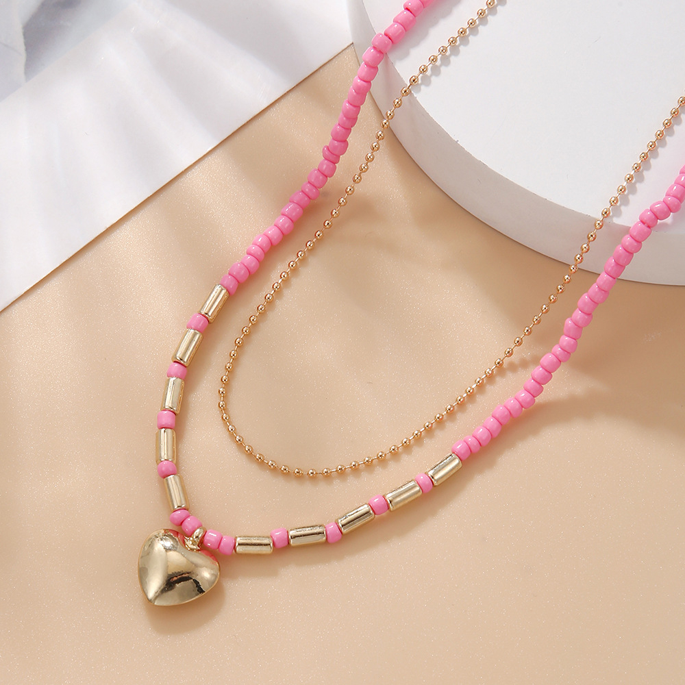 W0055-1 Women's Fashion Pink Love Pendant Two Layer Necklace Beaded Collarbone Chain