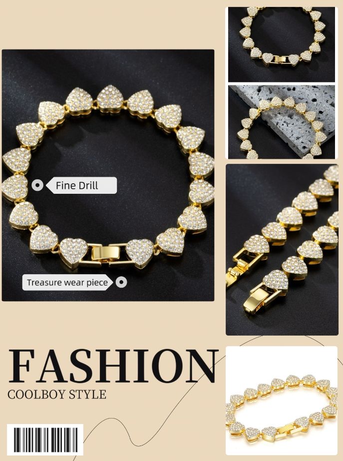 Gold heart-shaped diamond bracelet; Shine luxury style; Women's fashion accessories; Gift giving