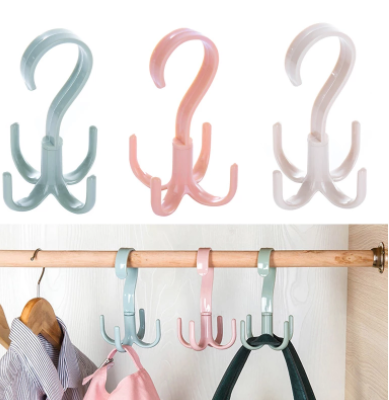 Creative Rotating Four-claw Hook Multifunctional Wardrobe Bag Storage Hook Nail-free Plastic Tie Scarf Belt Hanger Home Storage