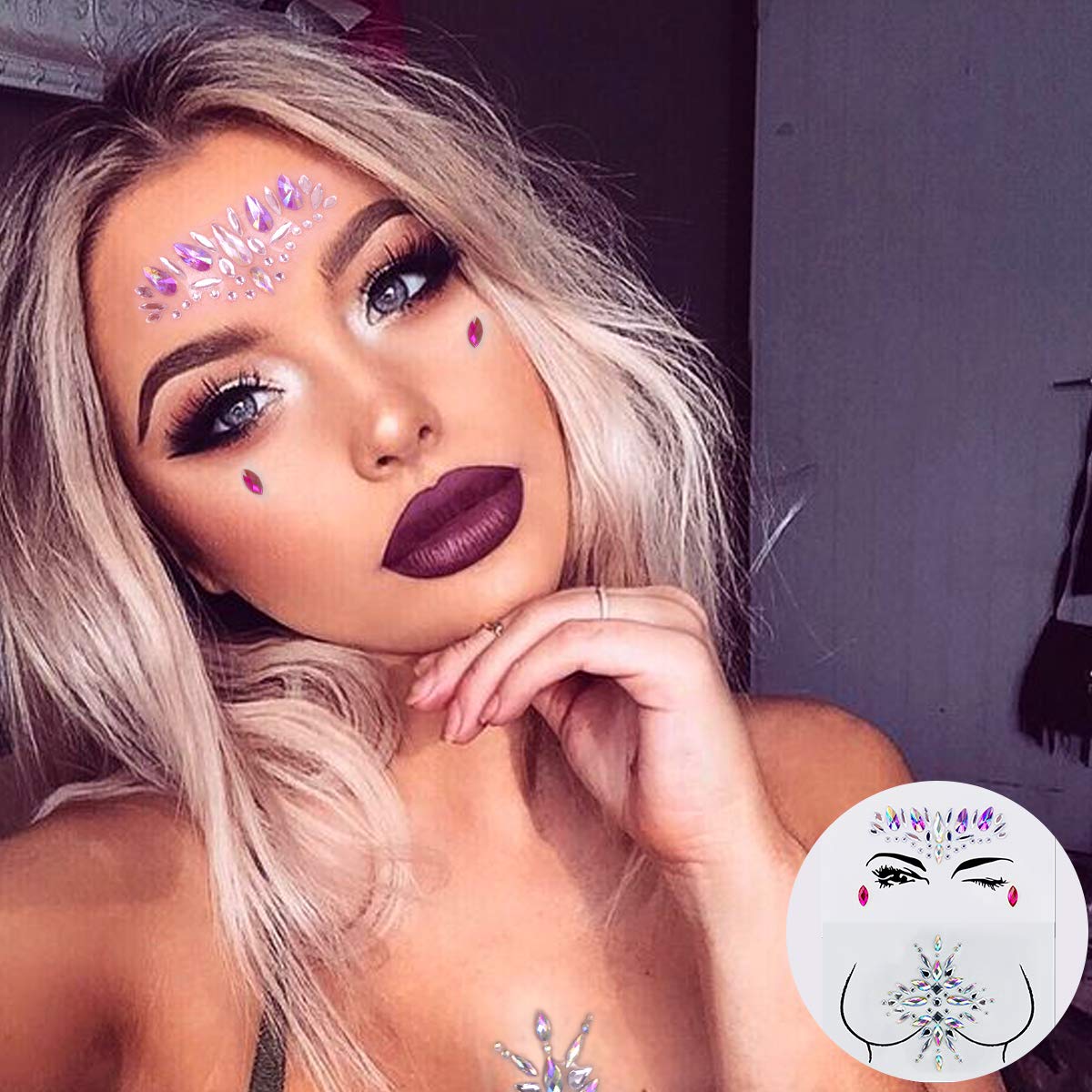 Women Mermaid Face Jewels with Chest Gems , Crystals Face Jewels Stick on Eyes Face Body Fit for Festival Music Party Makeup
