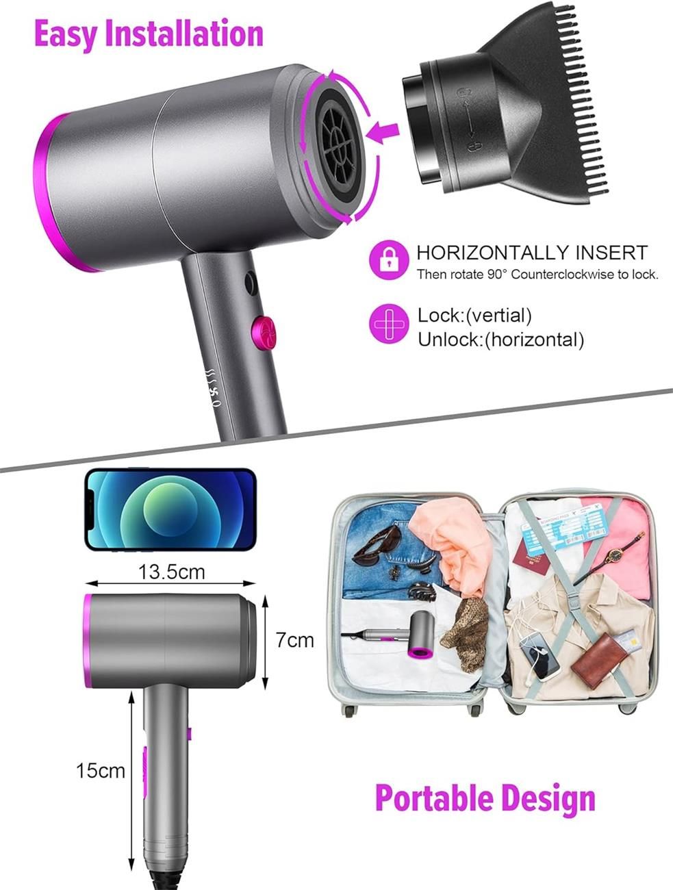 Hair Dryer, Professional Hair Blow Dryer Hot/Cold Air, 1800W Powerful AC Motor, Negative Ion Hairdryer Fast Drying, 2 Speed/3 Heating with 2 Nozzles&1 Diffuser, for Women Men Kids Salon Travel