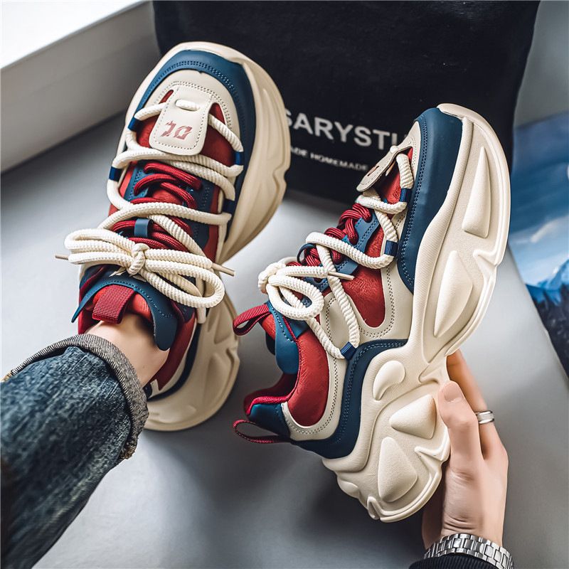 Mens Chunky Sole Dad Shoes 2025 A/W Leather Sneakers Height Increasing Platform Shoes Student Streetwear Fashion Casual Wear