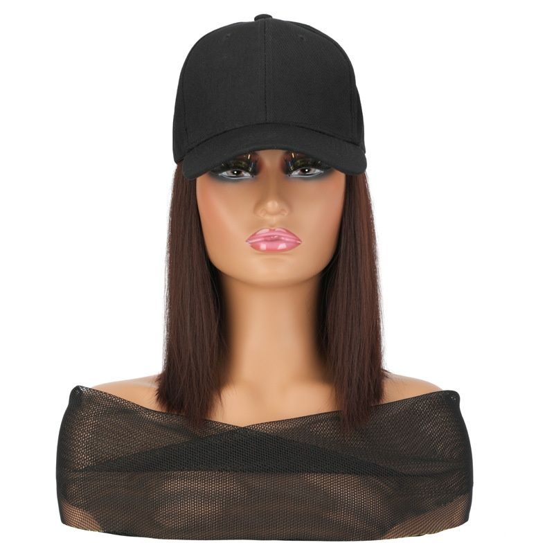 Integrated Wig Hat, Synthetic Short Straight Bob Wig, All-in-one Hat with Attached Wig for Women
