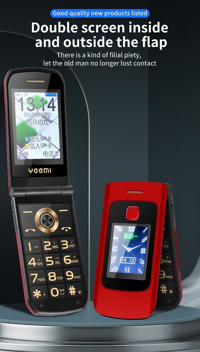 Yimi K21+ flip cover senior phone with dual screens, large font, loud speaker, and long battery life