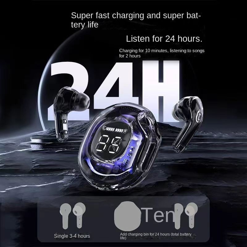 New sports Bluetooth HK6 headphones transparent digital display long battery life transparent second-generation noise reduction