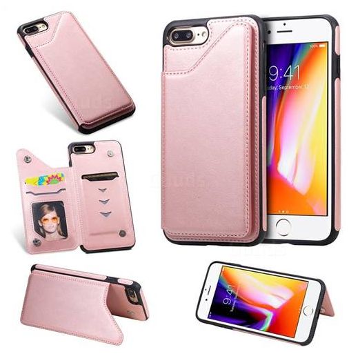 Luxury Multifunction Magnetic Card Slots Stand Calf Leather Phone Back Cover for iPhone 8 Plus / 7 Plus 7P(5.5 inch) - Rose Gold