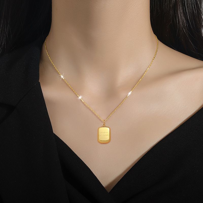 Minimalist Engraved "where is love" Rectangle Tag Pendant Necklace For Women, Furnace Real Gold Plated Solid Titanium Steel Thin Clavicle Chain, INS Dainty Smooth Square Dog Tag Choker, Anti Tarnish Skin Friendly Simple Fashion Jewelry Gift For Ladies Daily Dating Casual Outfit Accessory
