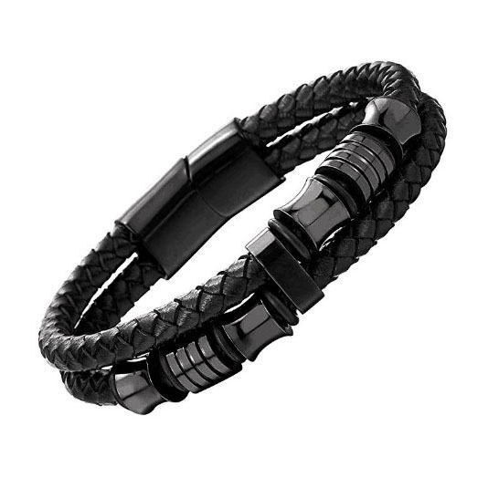 men's double-breasted braided bracelet leather boy bracelet wristband with stainless steel trim