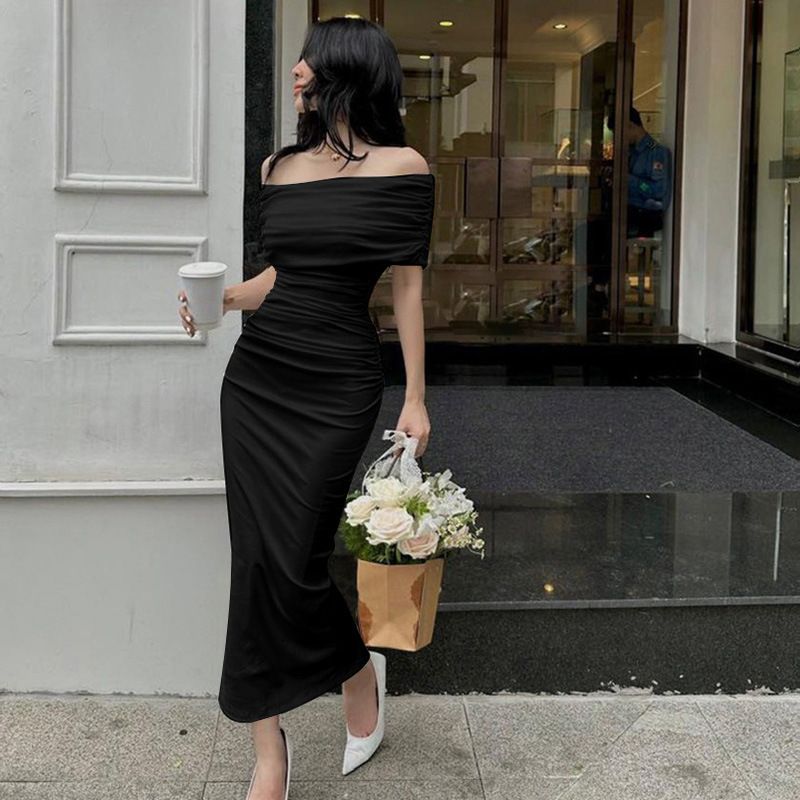 2024 spring Europe and the United States one-line shoulder pleat dress slimming slit base skirt dress long skirt AL88125