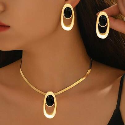 French Minimalist Oval Geometric Jewelry Set for Women, Smooth Snake Chain Choker Necklace & Hollow Oval Crystal Stud Earrings 2Pcs, Elegant Luxury Dainty Rhinestone Matching Accessories, Multi Color Option Versatile Daily Party Statement Jewelry Gift
