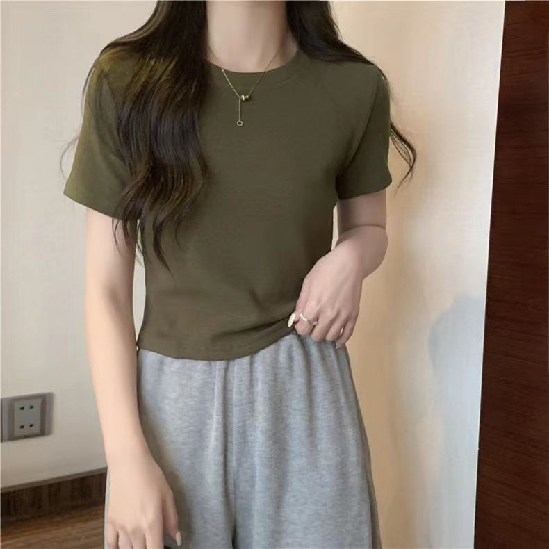 YF7782 Cotton Crop Top Women's Fashion Ribbed Crop Top Ladies' Basic slim T-shirts