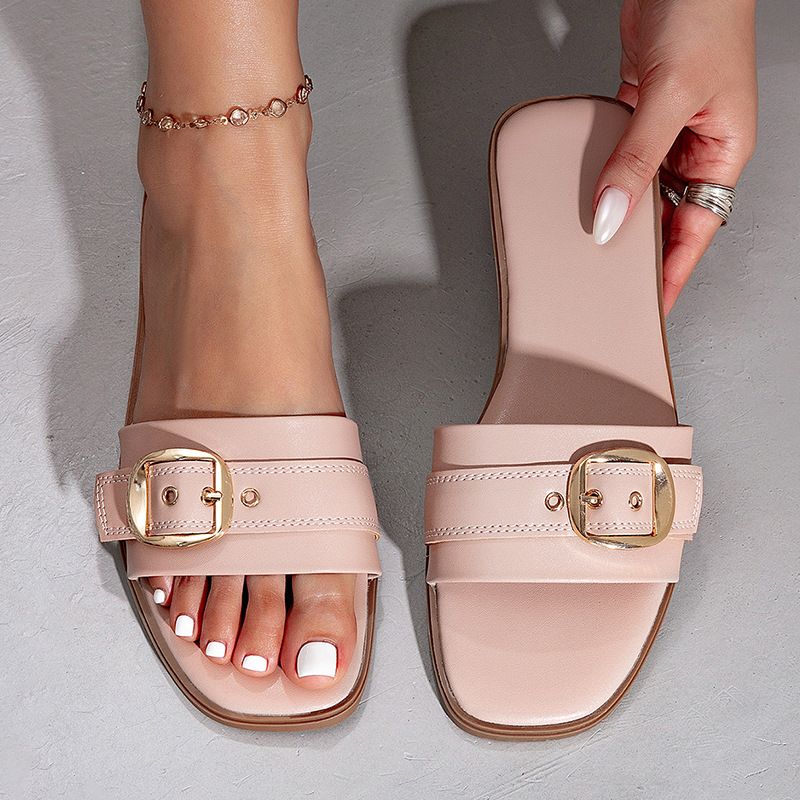 2026 New Summer Women One Band Slides, Elegant Matte Upper With Square Buckle Decoration, Soft Non-slip Sole Casual Sandals, Fashion Versatile Outdoor Seaside Beach Walking Slippers