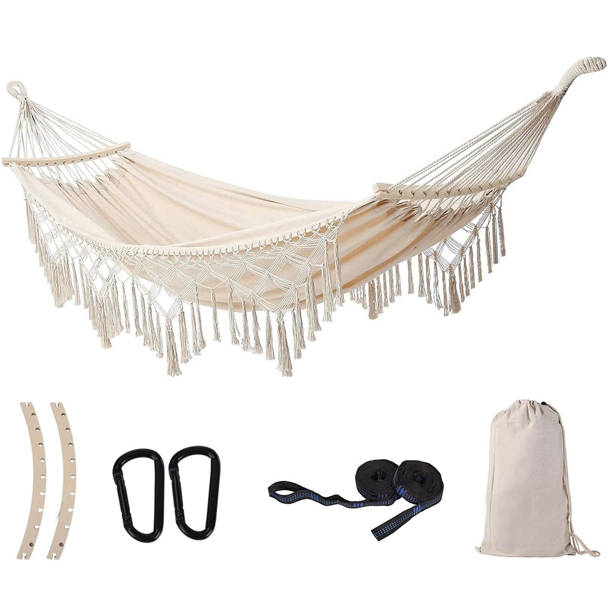 Hammock Hanging Swing Double Max 500lbs Macrame for Indoor Outdoor Patio Yard Garden (Black Gray)