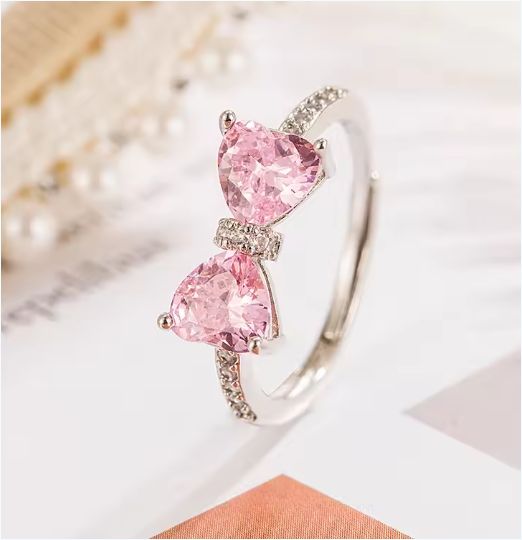 Pink Zircon Bow Ring Female Simple Design Fashion Open Heart Ring Adjustable Rings
