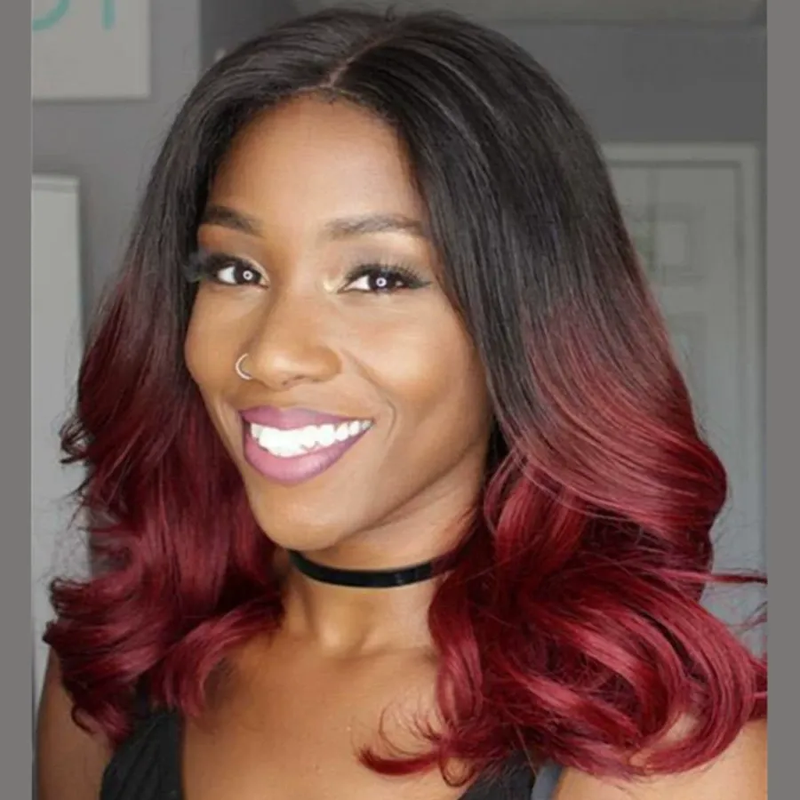 1BT Ombre Wine Red Long Curly Wig, Big Wave Synthetic Full Head Wig for Women
