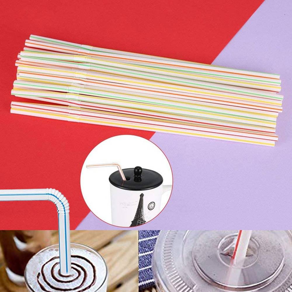 100Pcs Fluorescent Plastic Bendable Drinking Straws Disposable Beverage Straws Wedding Decor Kitchen Beverage Party Supplies