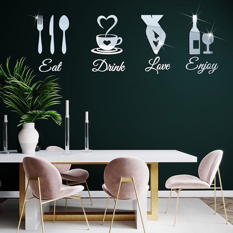 JM807 Eat Drink Love Enjoy Knife And Fork Acrylic Mirror Sticker 3D Self-Adhesive DIY Wall Sticker